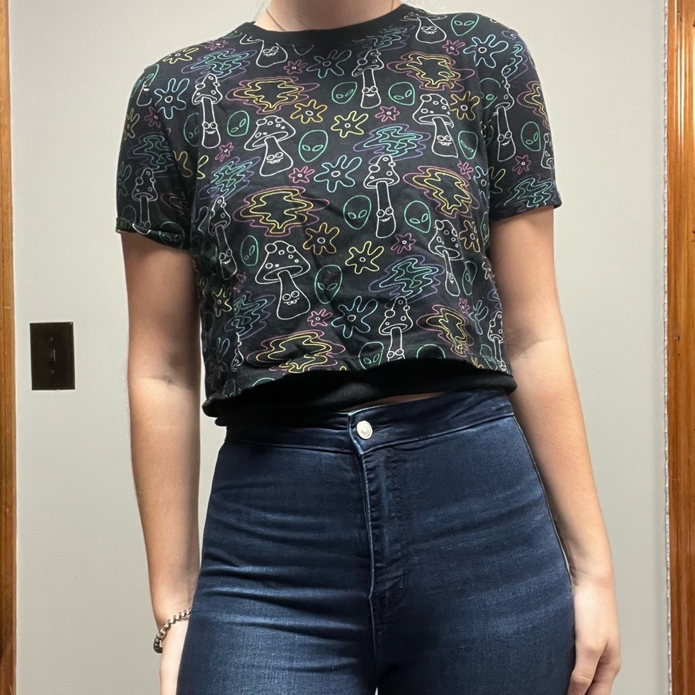 Trendy Black Crop Top with Colorful Graphics